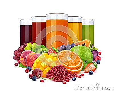 Glasses of different juice and pile of fruits and berries isolated on white background Stock Photo