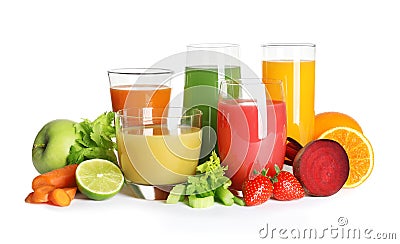 Glasses with different juices and fresh fruits and vegetables on white Stock Photo