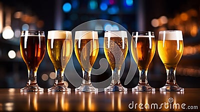 Glasses with different types of beer on bar counter, closeup, Stylish beer glasses full of beer on the bar stand, AI Stock Photo