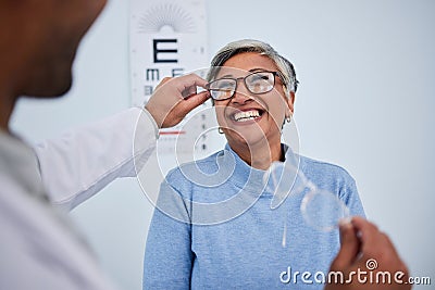 Glasses, doctor or happy old woman in eye test assessment for healthcare, wellness or vision examination. Smile, visual Stock Photo