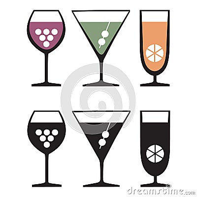 Glasses of drinks, icons Vector Illustration