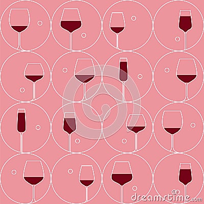 Glasses for drinks, linear icons with wineglasses in a circle. Seamless texture, design element with red grape wine for tasting, m Vector Illustration