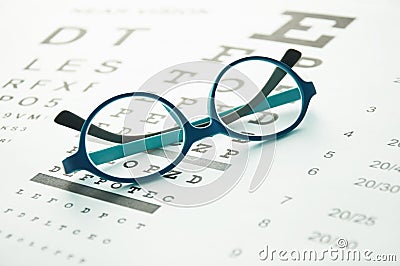 Glasses on eye chart Stock Photo