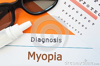 Glasses, eye drops and eye test chart is around inscription Diagnosis Myopia Nearsightedness. Concept photo for causes, diagnosi Stock Photo