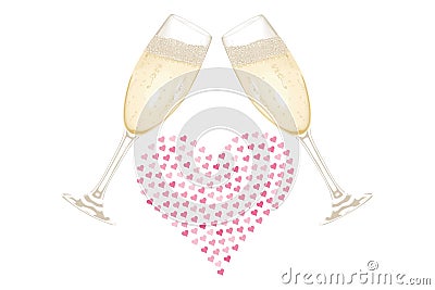 2 glasses filled with champagne united by a heart filled with other transparent hearts - creative illustration for Valentine`s Day Vector Illustration