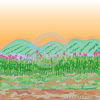 Glasses flowers sketch style landscape Vector Illustration