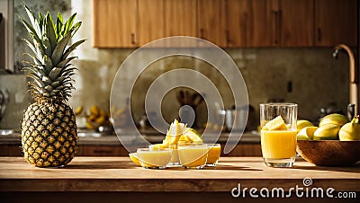 Glasses fresh mango juice, pineapple kitchen background refreshing recipe Stock Photo