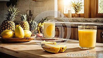 Glasses fresh mango juice, pineapple kitchen background refreshing recipe vitamins Stock Photo