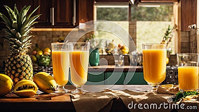 Glasses fresh mango juice, pineapple natural party vegetarian recipe vitamins tasty Stock Photo