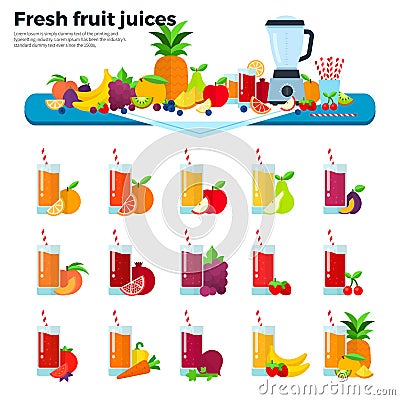 Glasses with fruit juices on the table Vector Illustration