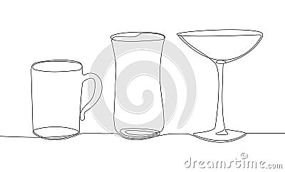 Glasses, glassware for cocktails, juices, alcohol, wine. Vector collection of drinking Vector Illustration