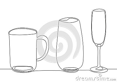 Glasses, glassware for cocktails, juices, alcohol, wine. Vector collection of drinking Vector Illustration