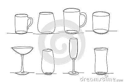 Glasses, glassware for cocktails, juices, alcohol, wine. Vector collection of drinking Vector Illustration