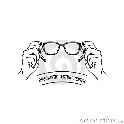 Glasses. Hand. Oculist label logo. Eyeglasses icon. Diagnostic testing center lettering. Vector. Vector Illustration