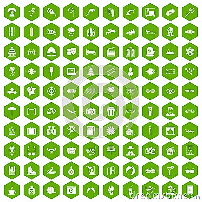 100 glasses icons hexagon green Vector Illustration