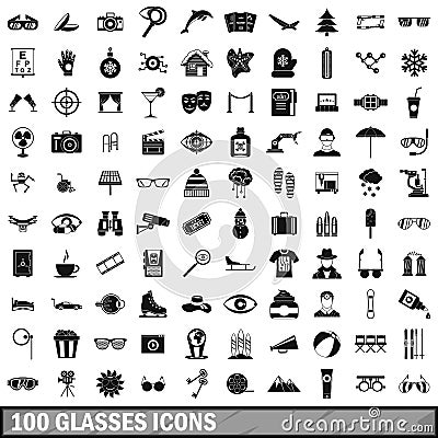 100 glasses icons set, simple style Vector Illustration