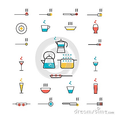 Glasses, kitchen utensils, pots, pans, moka, kettle. Vector Illustration