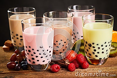Glasses of milky boba or bubble tea Stock Photo