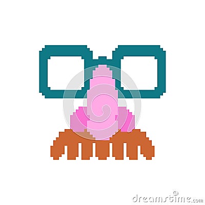 Glasses nose and mustache pixel art. April Fools Day Mask 8 bit. Pixelate funny disguise mask Vector Illustration