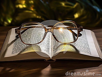 Glasses on the old book, close-up, soft focus. Generative AI Stock Photo
