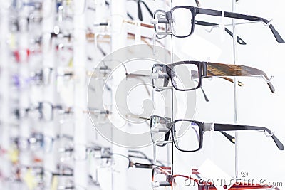 Glasses, Optical glass store, A number of glasses at opticians. Stock Photo