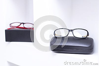 Glasses, Optical glass store, A number of glasses at opticians. Store points. Stock Photo