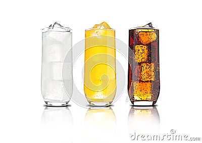 Glasses of orange soda, cola and lemonade iced Stock Photo