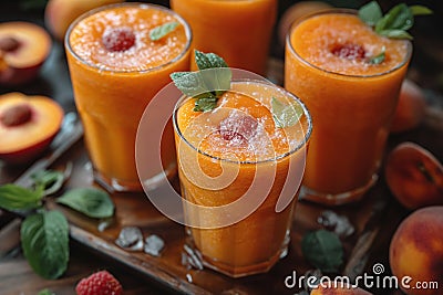 Glasses of peach smoothie in tray Stock Photo