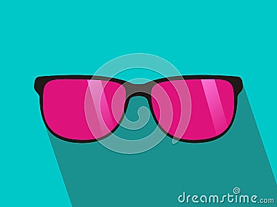 Glasses with pink lens. Long shadow, flat design. green background. Vector illustration. Cartoon Illustration