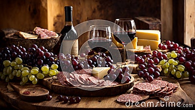 Glasses with red wine, grapes a bowl, cheese on an old background food dinner delicious Stock Photo