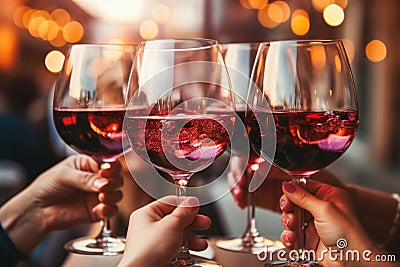 Glasses with red wine in hands of people, ready to toast and cheers with friends. Closeup moment of connection and enjoyment Stock Photo