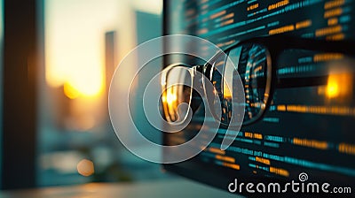 Glasses reflecting cityscape and coding on computer screen Stock Photo