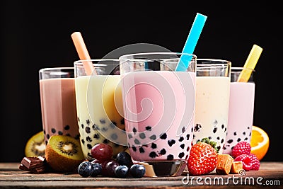 Glasses of refreshing milky boba or bubble tea Stock Photo