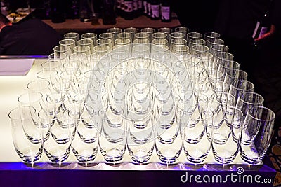 Glasses in rows on display at a social event in Perth Editorial Stock Photo