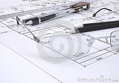 Glasses, ruler, compass and pencils Stock Photo