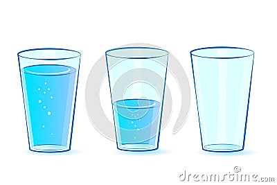 Glasses set for water. Glasses: full, empty, half-filled with water. Vector Vector Illustration