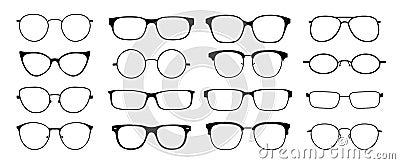 Glasses silhouette. Sun glasses hipster frame set, fashion black plastic rims, round geek style retro nerd glasses Vector Illustration