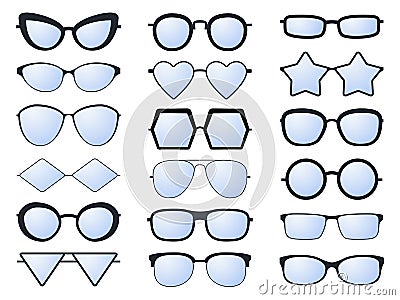 Glasses silhouette. Various eyeglasses frames for men and women fashionable sunglasses. Optical vision glasses of Vector Illustration