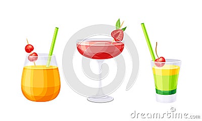 Glasses of summer alcoholic or non alcoholic refreshing drinks set vector illustration Vector Illustration