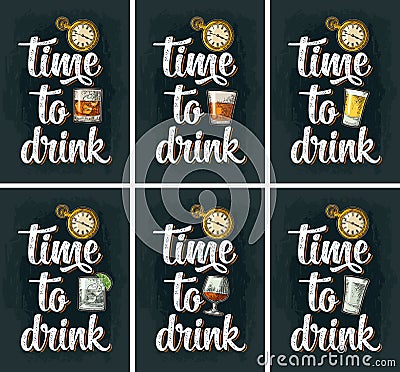 Glasses with tequila, gin, vodka, rum, brandy, whiskey. Antique pocket watch Vector Illustration