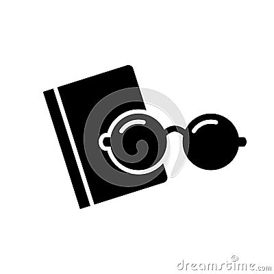 Glasses with textbook, silhouette icon. Reading paper books. Outline emblem of leisure. Black simple illustration of poor eyesight Vector Illustration