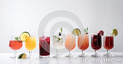 Glasses with various alcoholic cocktails in a row with fruits, white background. AI generated Stock Photo
