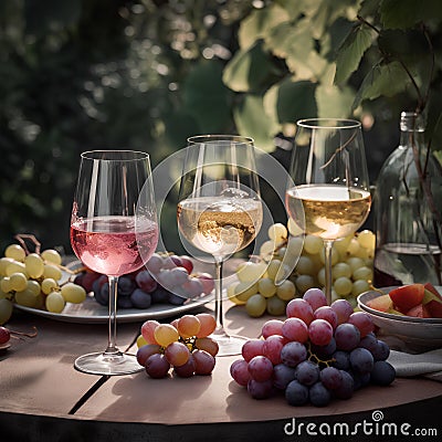 Glasses of various types of wine and grapes served outdoors on the table on blurred vineyard background. Wine degustation concept Stock Photo