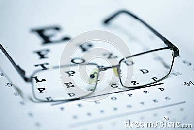 Glasses on a visual test chart focusing on a particular part Stock Photo