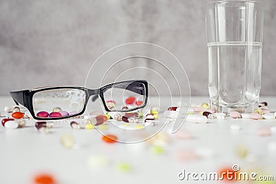 Glasses, water and pills Stock Photo