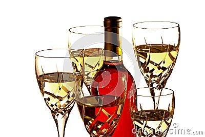 Glasses with white wine around bottle of red wine Stock Photo