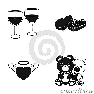 Glasses with wine, chocolate hearts, bears, valentine.Romantik set collection icons in black style vector symbol stock Vector Illustration