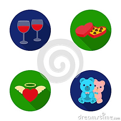 Glasses with wine, chocolate hearts, bears, valentine.Romantik set collection icons in flat style vector symbol stock Vector Illustration
