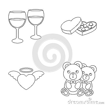 Glasses with wine, chocolate hearts, bears, valentine.Romantik set collection icons in outline style vector symbol stock Vector Illustration