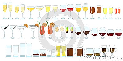 Glasses for wine color illustration, champagne, whiskey, cognac. Cartoon Illustration